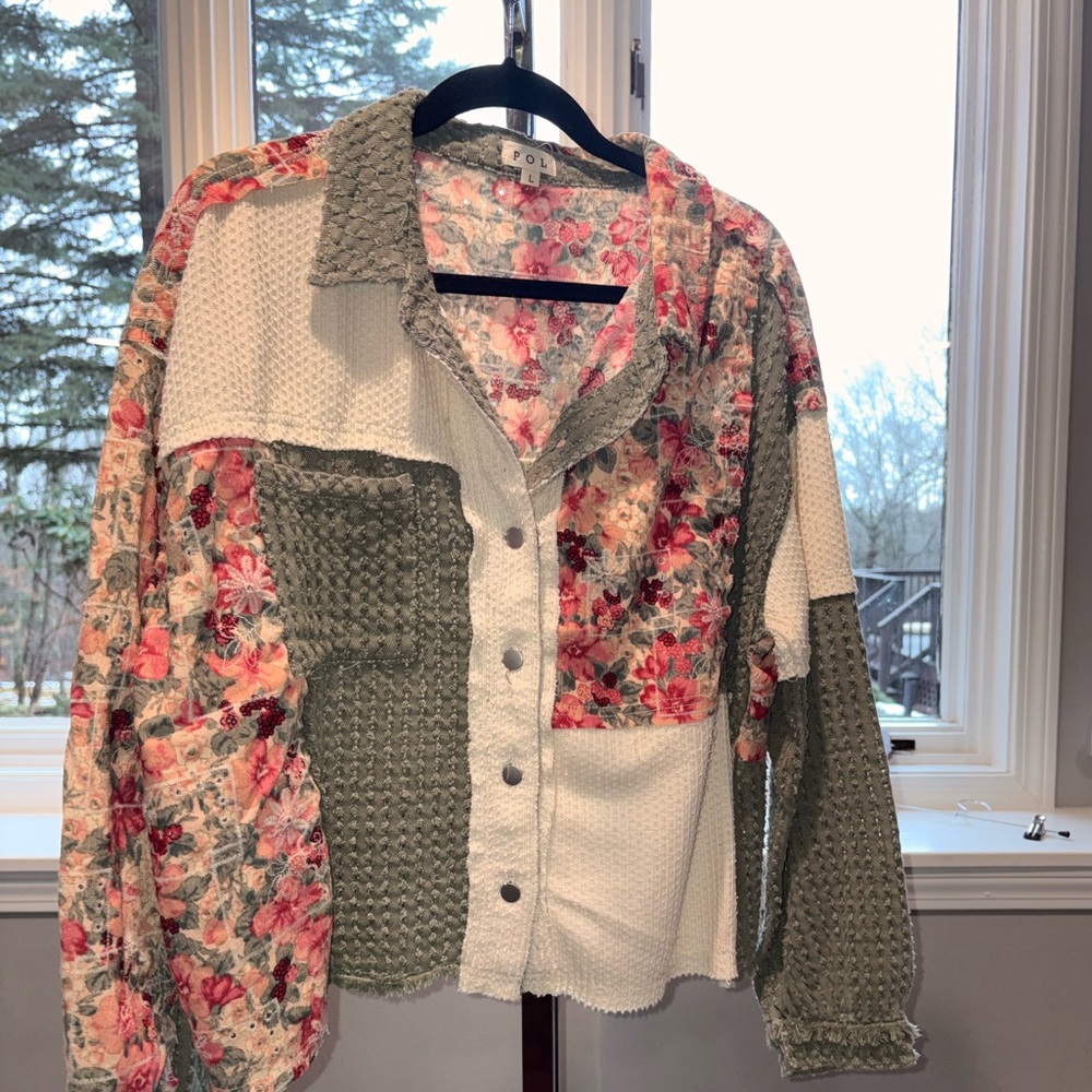 POL 100% Cottom Floral Patchwork Button-Up Shacket - image 1